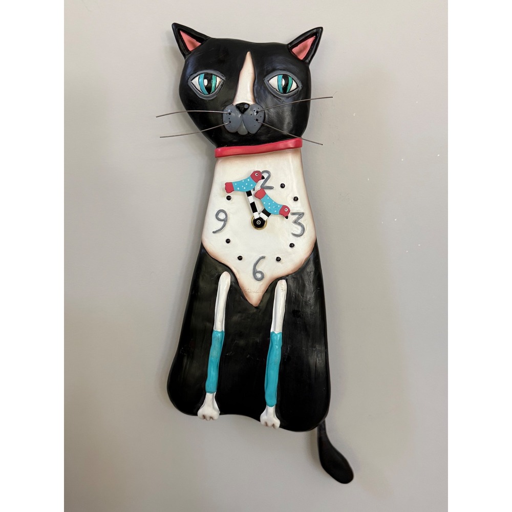 Vtg Allen Designs Studio Collection Tuxedo Cat Pendulum Wall Clock Resin